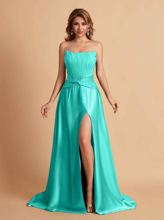 Elegant Satin Sweetheart A-Line Side Slit Floor Length Bridesmaid Dresses