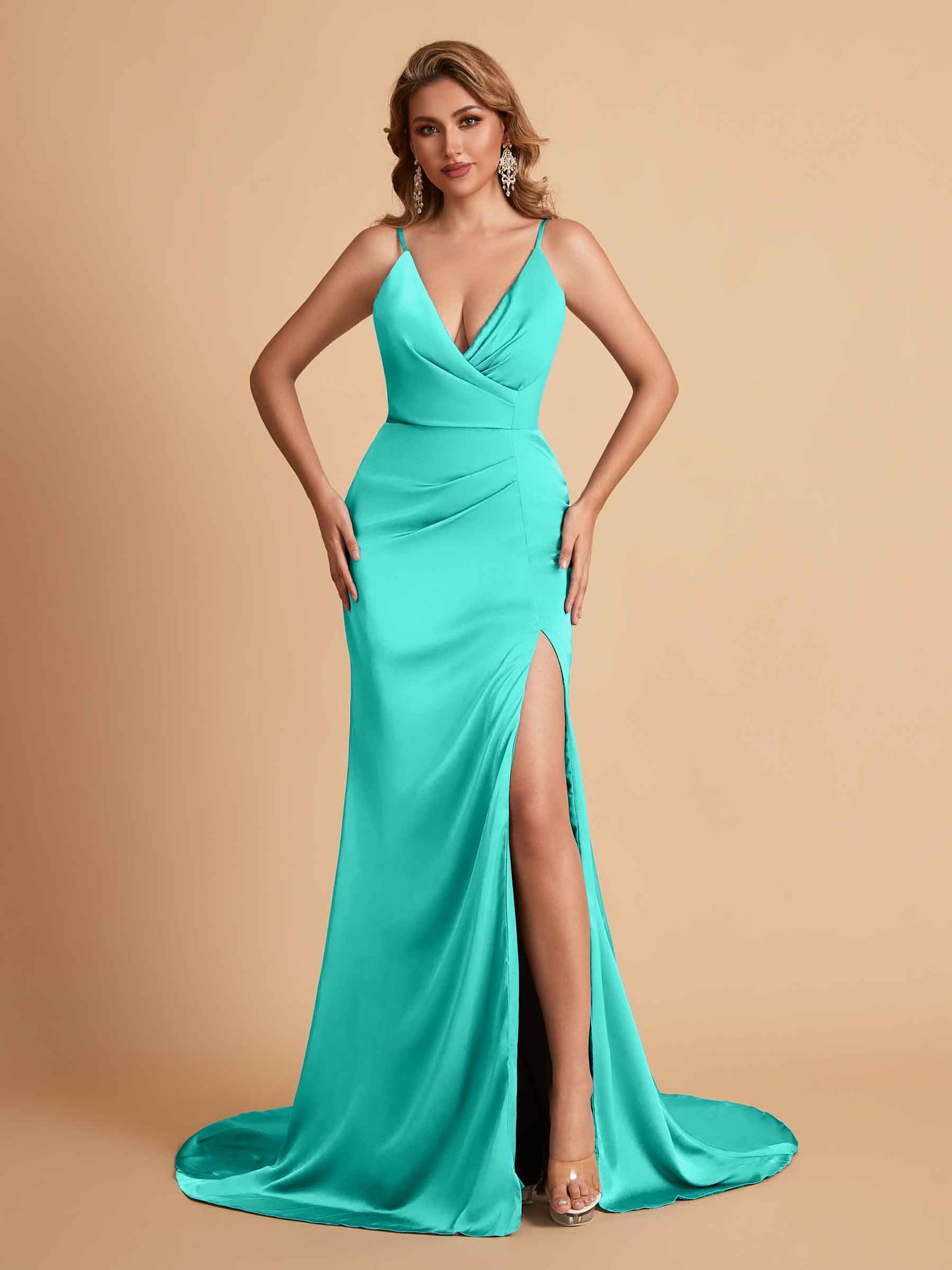 Elegant Satin Spaghetti Straps V-Neck Mermaid Side Slit Floor Length Bridesmaid Dresses