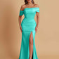 Elegant Soft Satin Mermaid Off Shoulder Asymmetrical Side Slit Floor-Length Bridesmaid Dresses