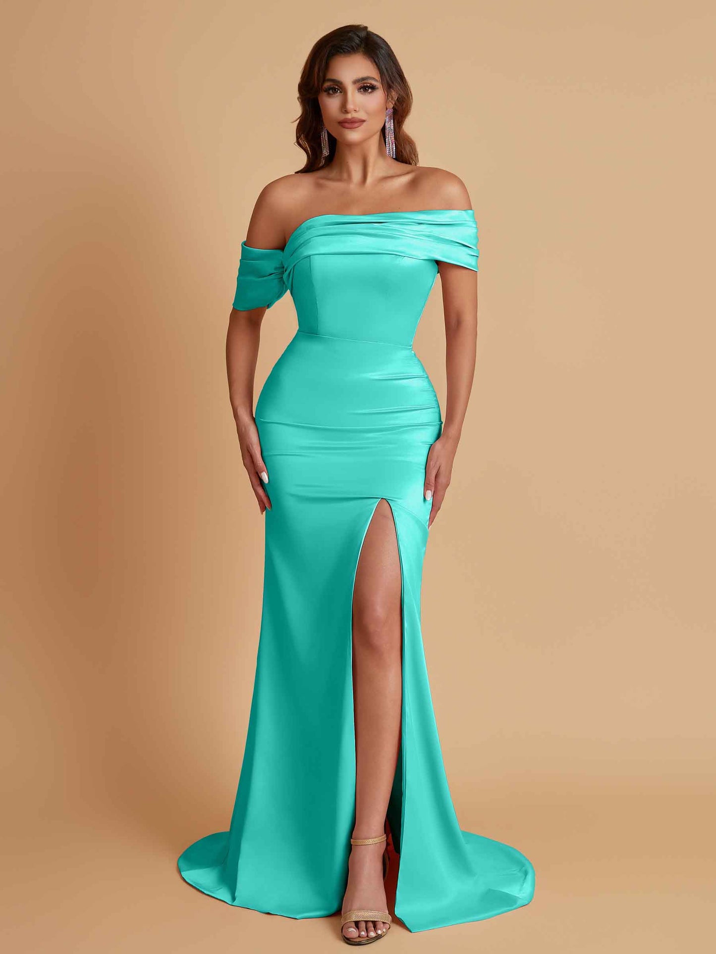 Elegant Soft Satin Mermaid Off Shoulder Asymmetrical Side Slit Floor-Length Bridesmaid Dresses