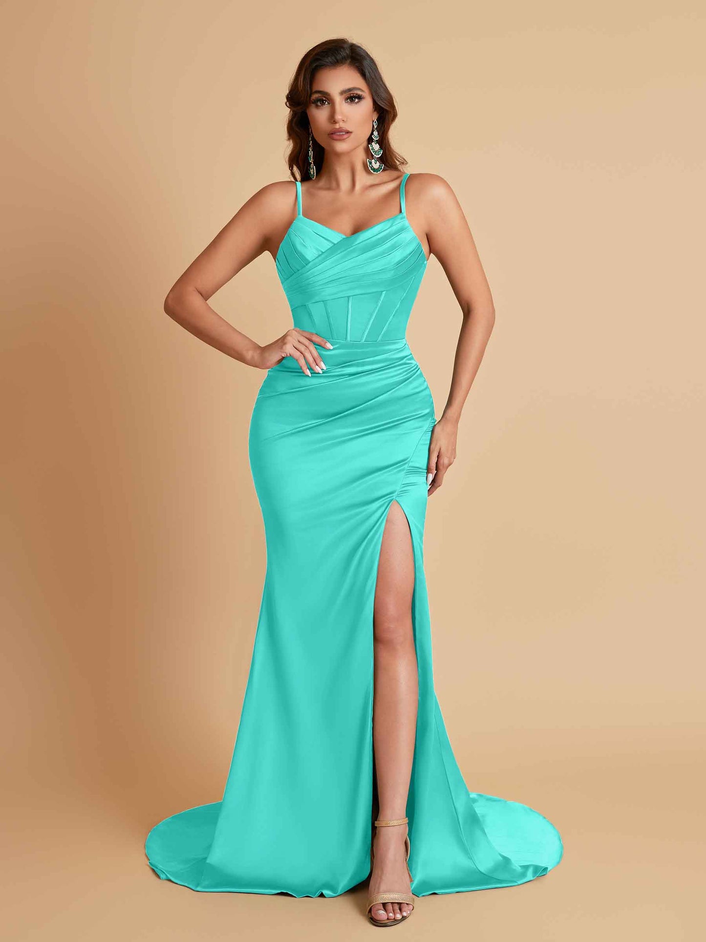 Sexy Spaghetti Straps V Neck Soft Satin Side Slit Floor-Length Mermaid Bridesmaid Dresses