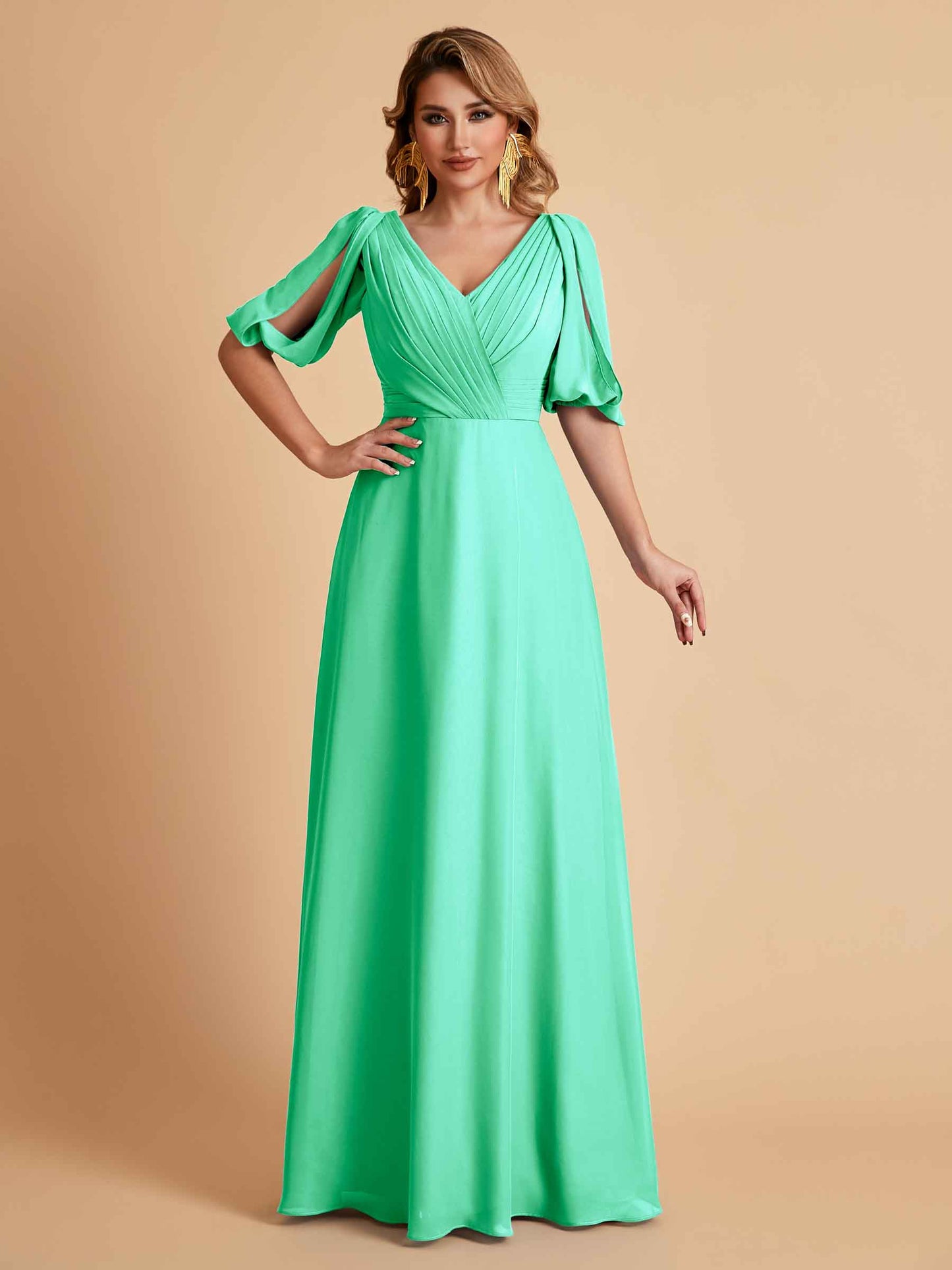 Elegant A-Line Chiffon Half Sleeves V-Neck Mother of the Brides Dresses Online