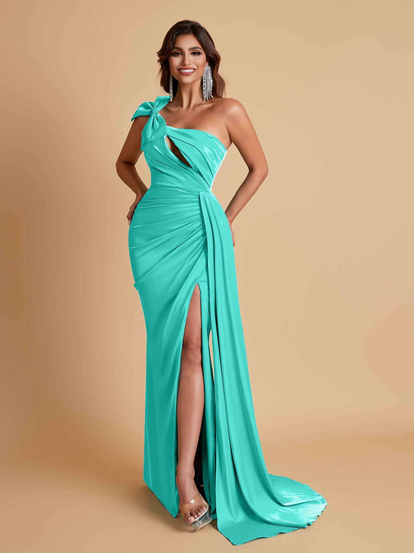 Gorgeous One Shoulder Bow Knot Soft Satin Side Slit Floor-Length Mermaid Bridesmaid Dresses