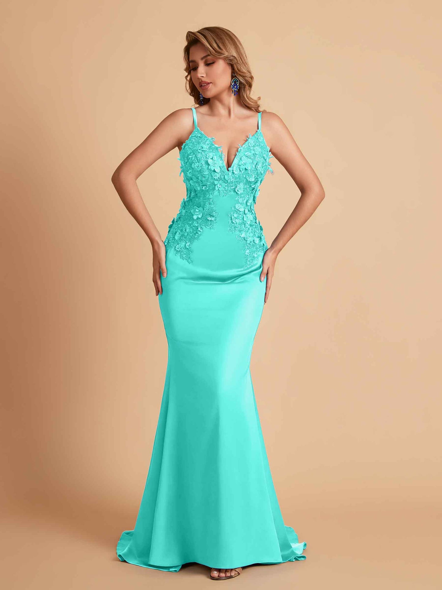 Sexy Satin Spaghetti Straps V-neck Mermaid Floor Length Applique Bridesmaid Dresses