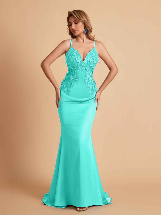 Sexy Satin Spaghetti Straps V-neck Mermaid Floor Length Applique Bridesmaid Dresses