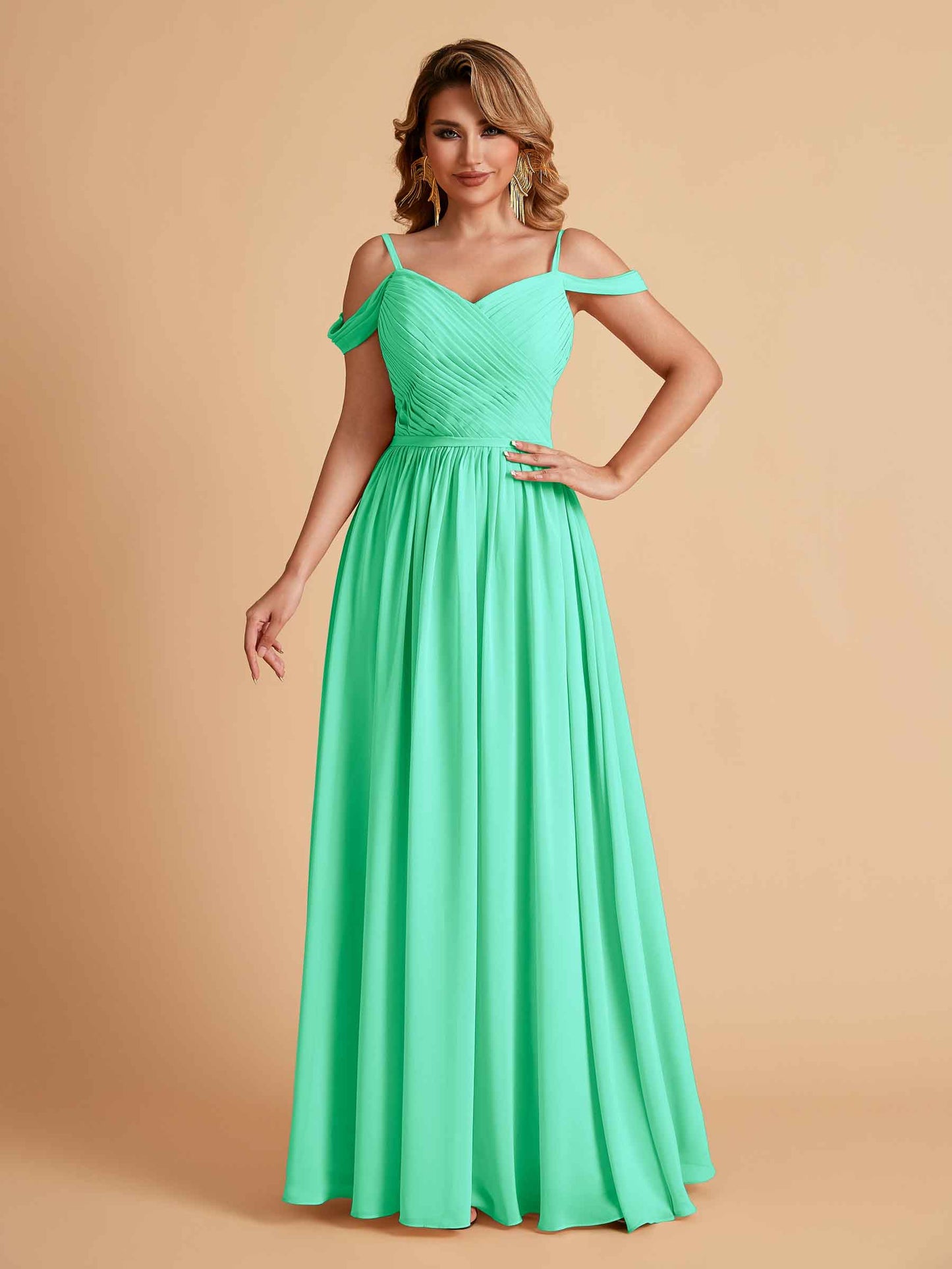 Elegant A-line Chiffon Off The Shoulder V-Neck Bridesmaid Dresses Online