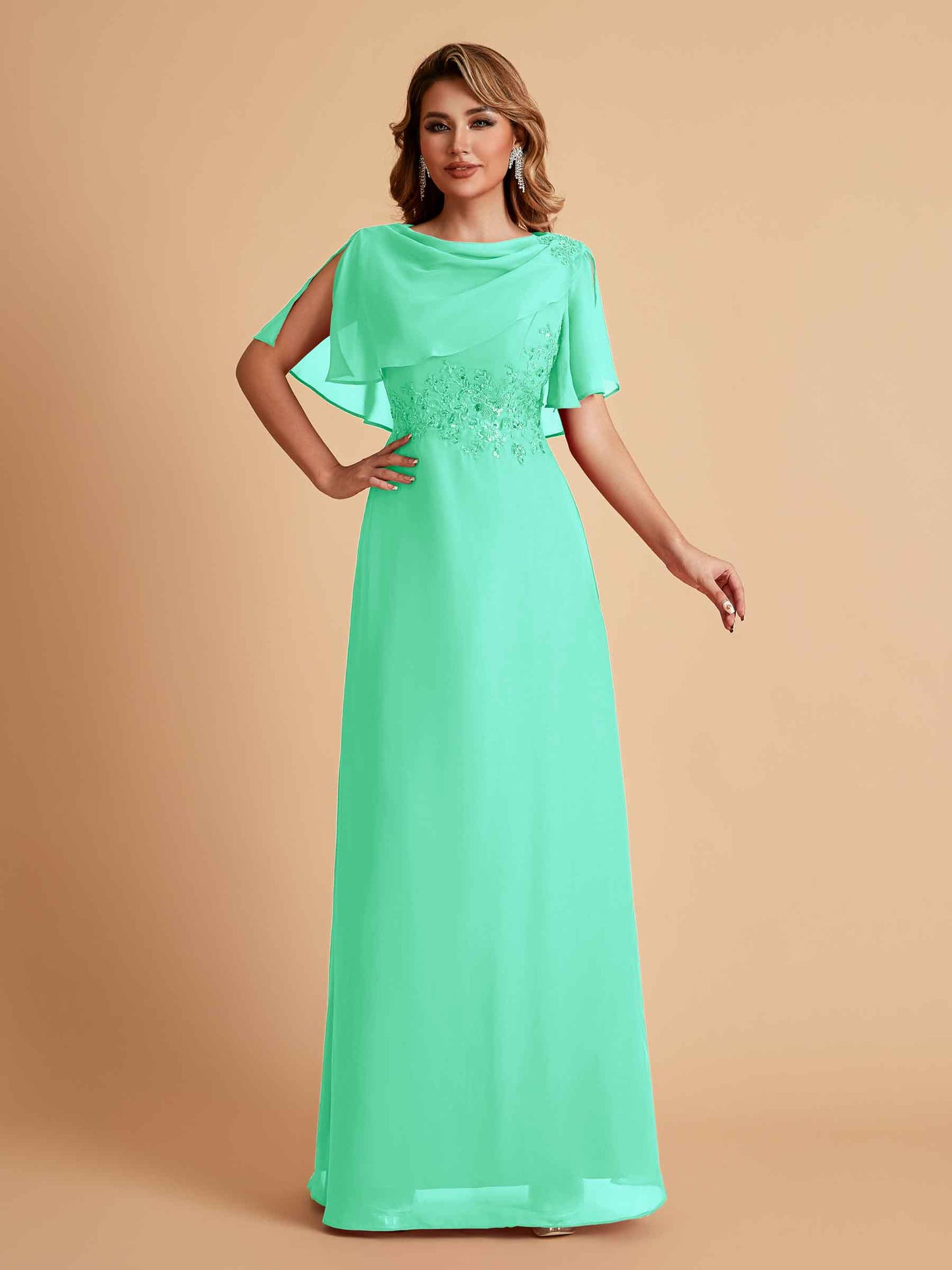 Elegant A-Line Chiffon Half Sleeves Jewel Mother of the Brides Dresses Online