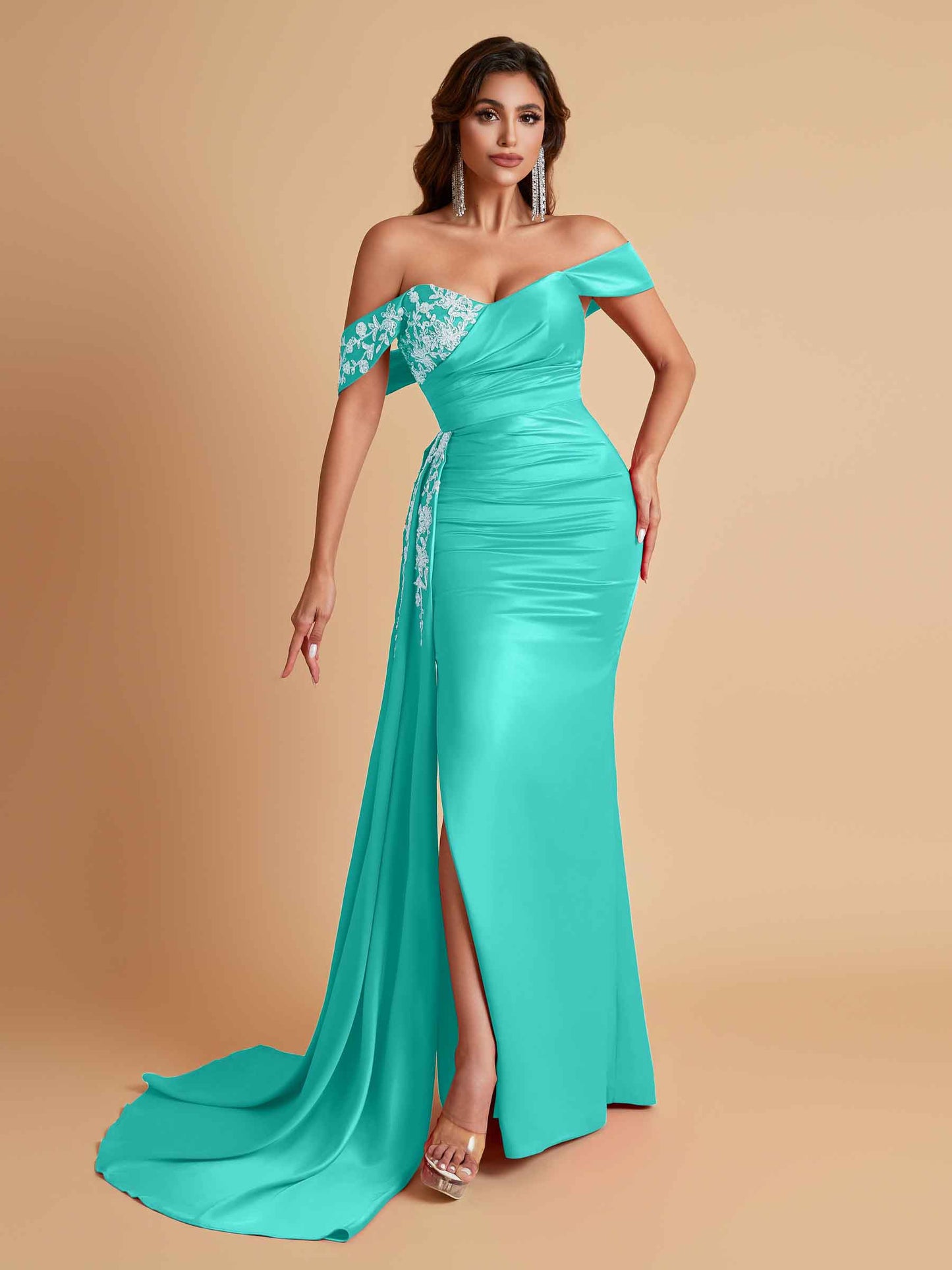 Elegant Soft Satin Mermaid Off Shoulder Floor-Length Mermaid Bridesmaid Dresses