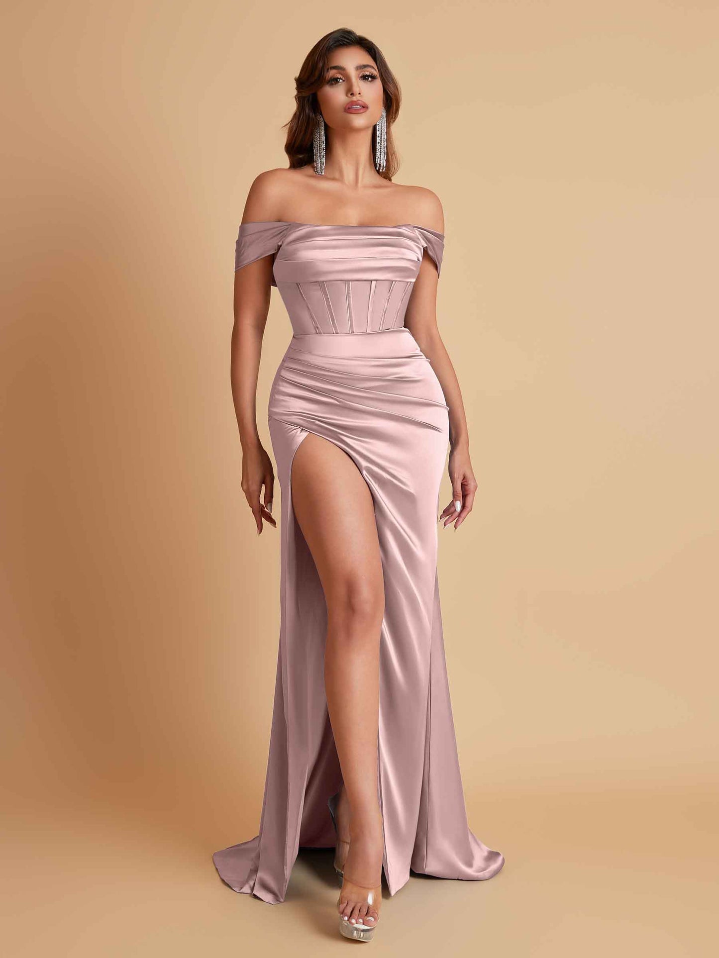 Sexy Off the Shoulder Soft Satin Side Slit Floor-Length Mermaid Bridesmaid Dresses