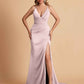Elegant Satin Spaghetti Straps V-Neck Mermaid Side Slit Floor Length Bridesmaid Dresses