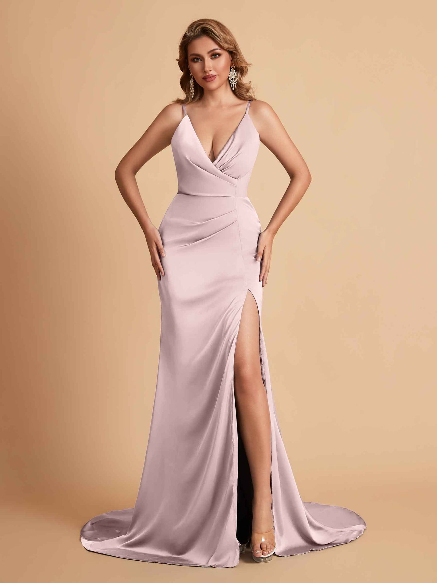 Elegant Satin Spaghetti Straps V-Neck Mermaid Side Slit Floor Length Bridesmaid Dresses