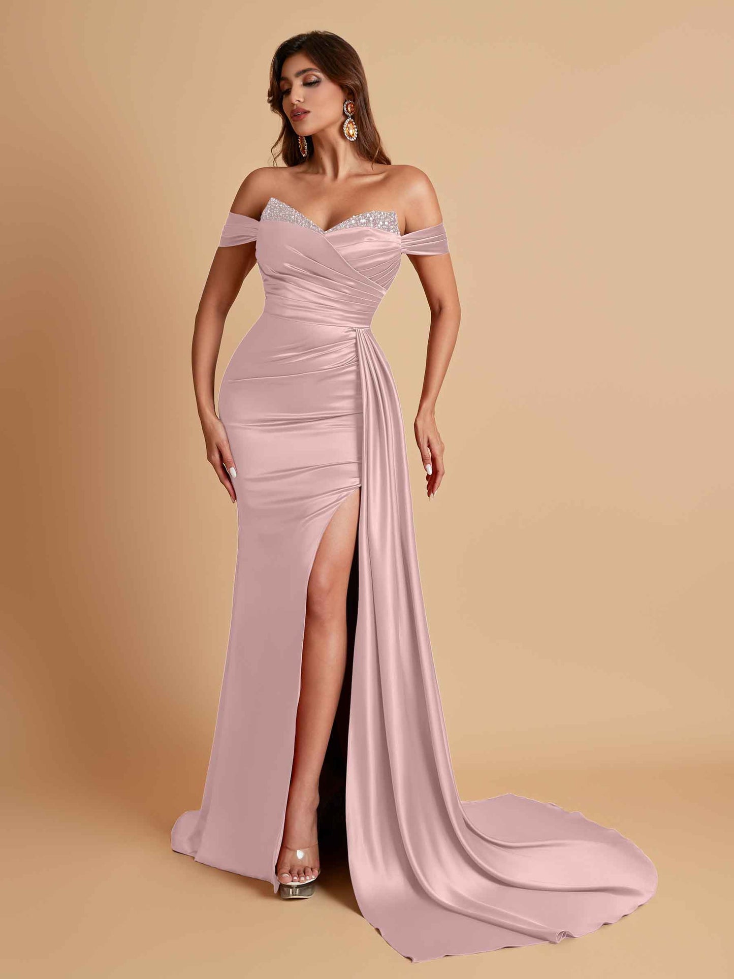 Gorgeous Soft Satin V-neck Off-the-Shoulder Side-Slit Mermaid Bridesmaid Dresses