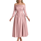 Off Shoulder Mother of the Bride Dress Tea-Length Satin Gown with Lace Applique