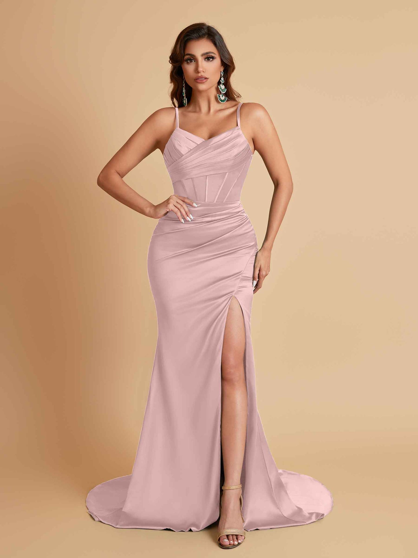 Sexy Spaghetti Straps V Neck Soft Satin Side Slit Floor-Length Mermaid Bridesmaid Dresses