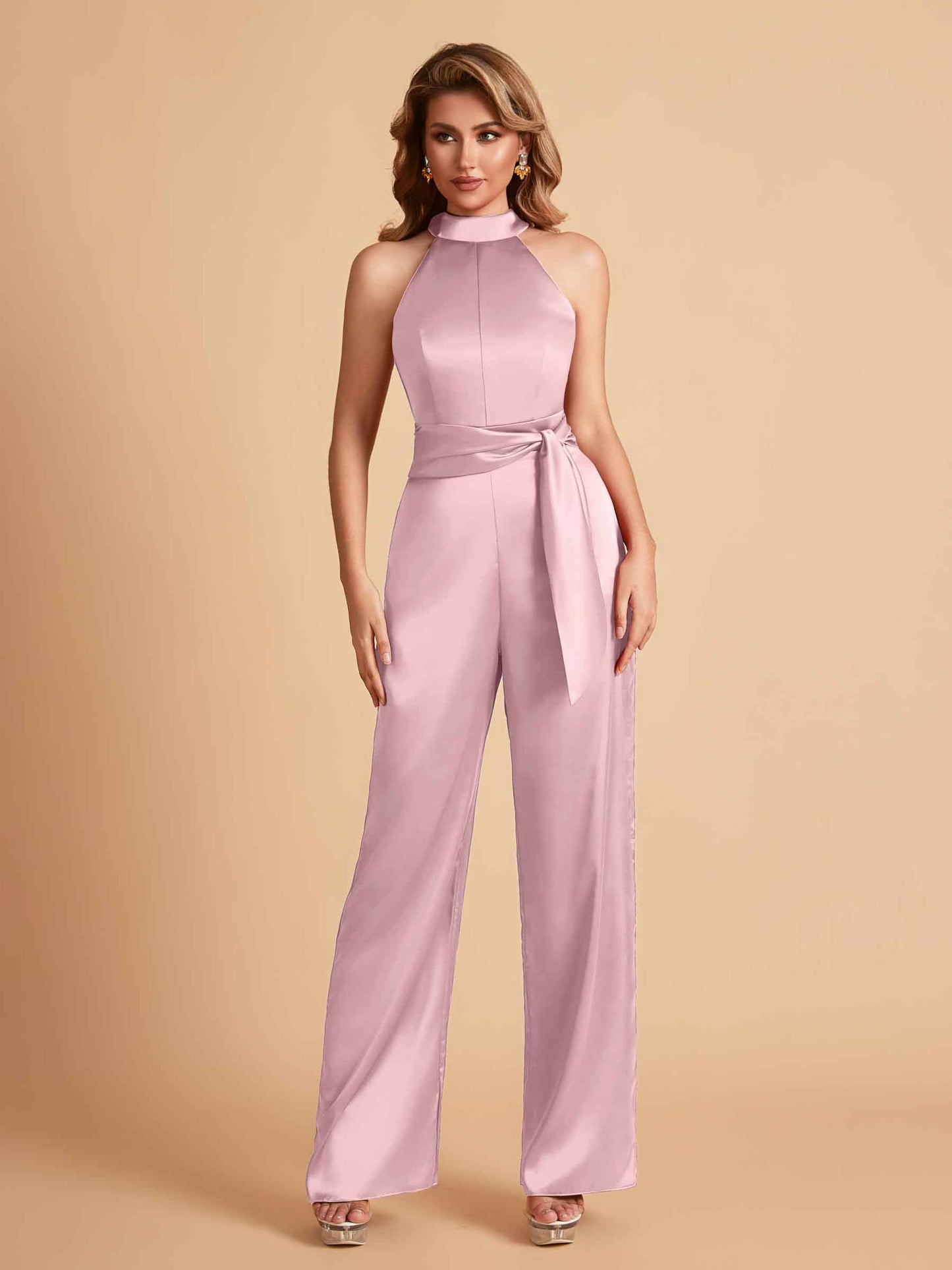 Elegant Satin Halter Sleeveless Satin Floor Length Bridesmaid Jumpsuit