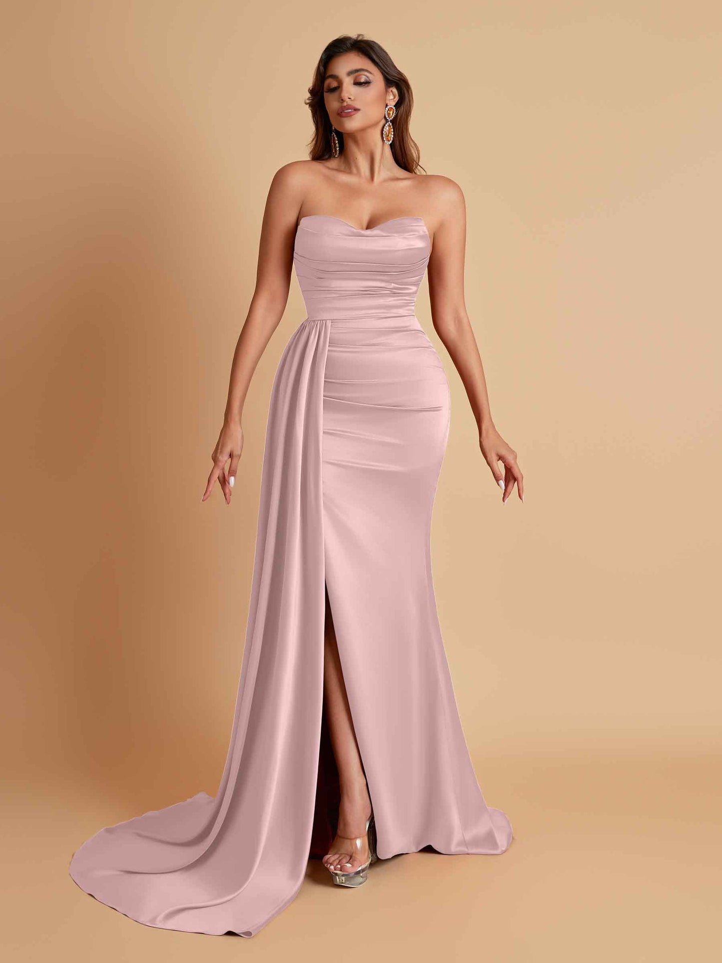 Elegant Soft Satin Sweetheart Strapless Side-Slit Mermaid Bridesmaid Dresses