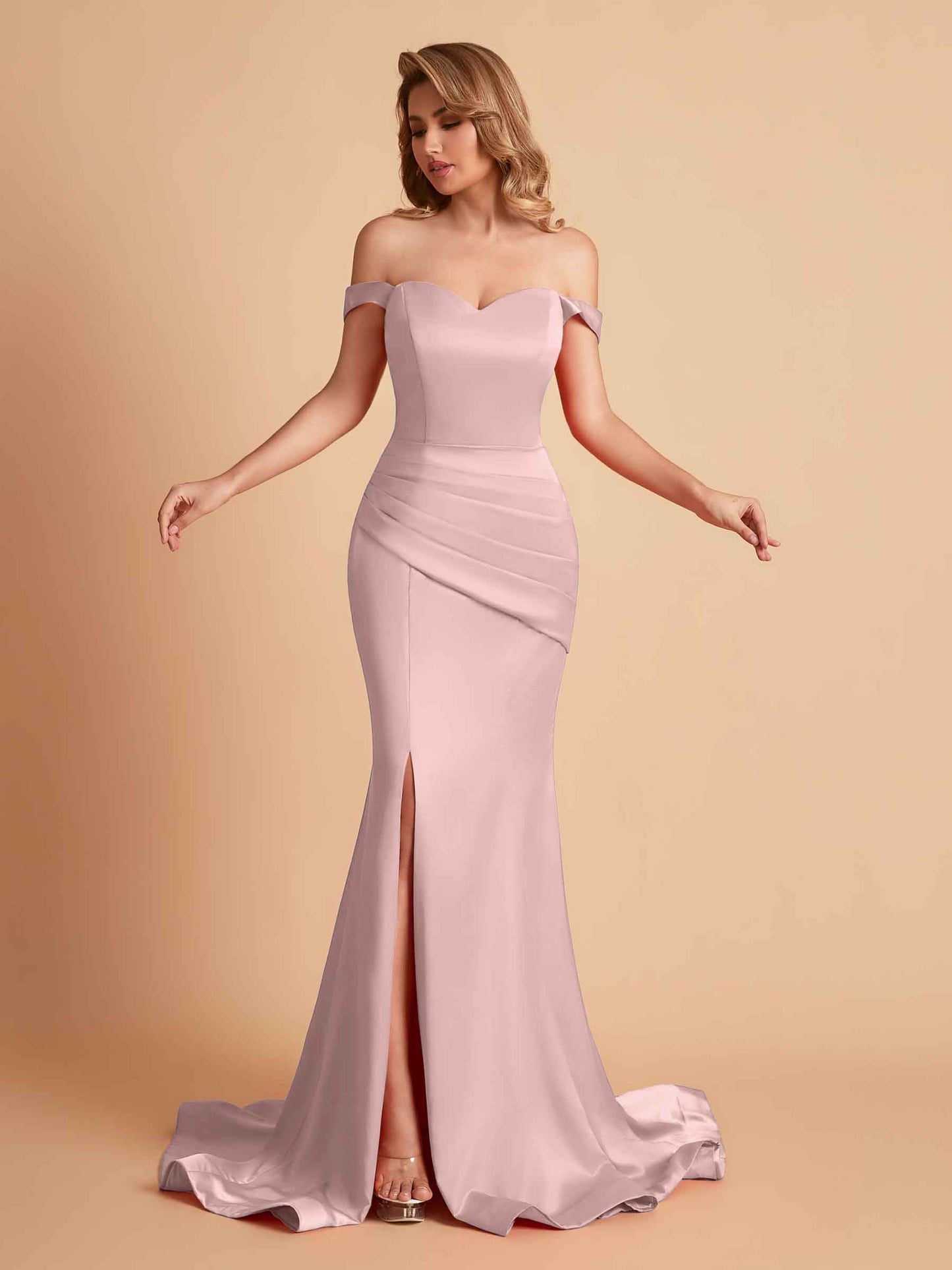 Elegant Satin Off the Shoulder Mermaid Side Slit Floor Length Bridesmaid Dresses