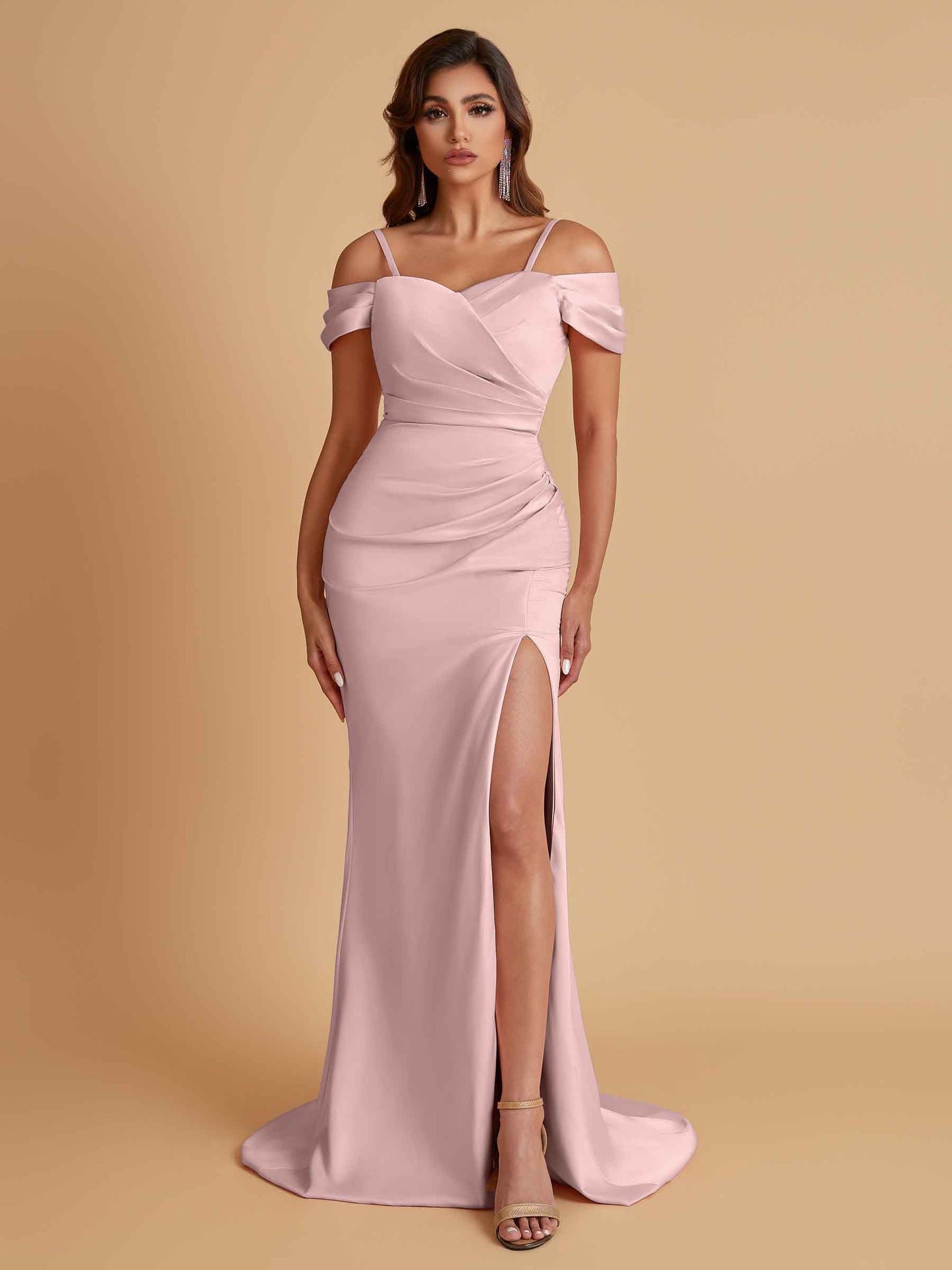 Sexy Soft Satin Mermaid Cold Shoulder Side Slit Floor-Length Bridesmaid Dresses Online