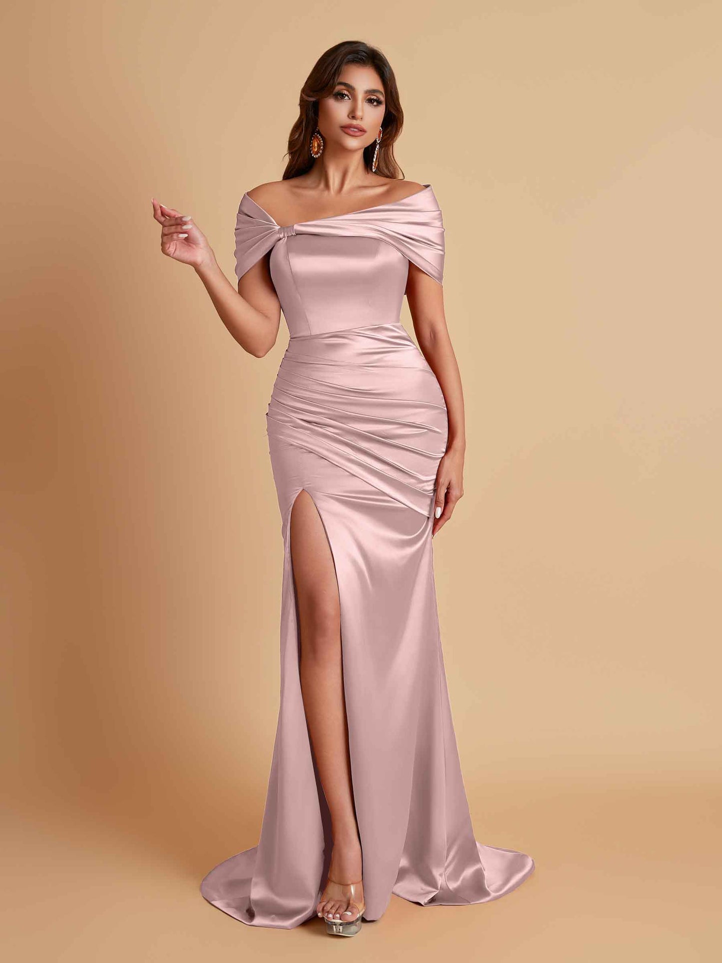Elegant Soft Satin Off-the-shoulder Side-Slit Mermaid Bridesmaid Dresses