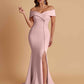 Elegant Soft Satin Mermaid Off Shoulder Side Slit Floor-Length Bridesmaid Dresses