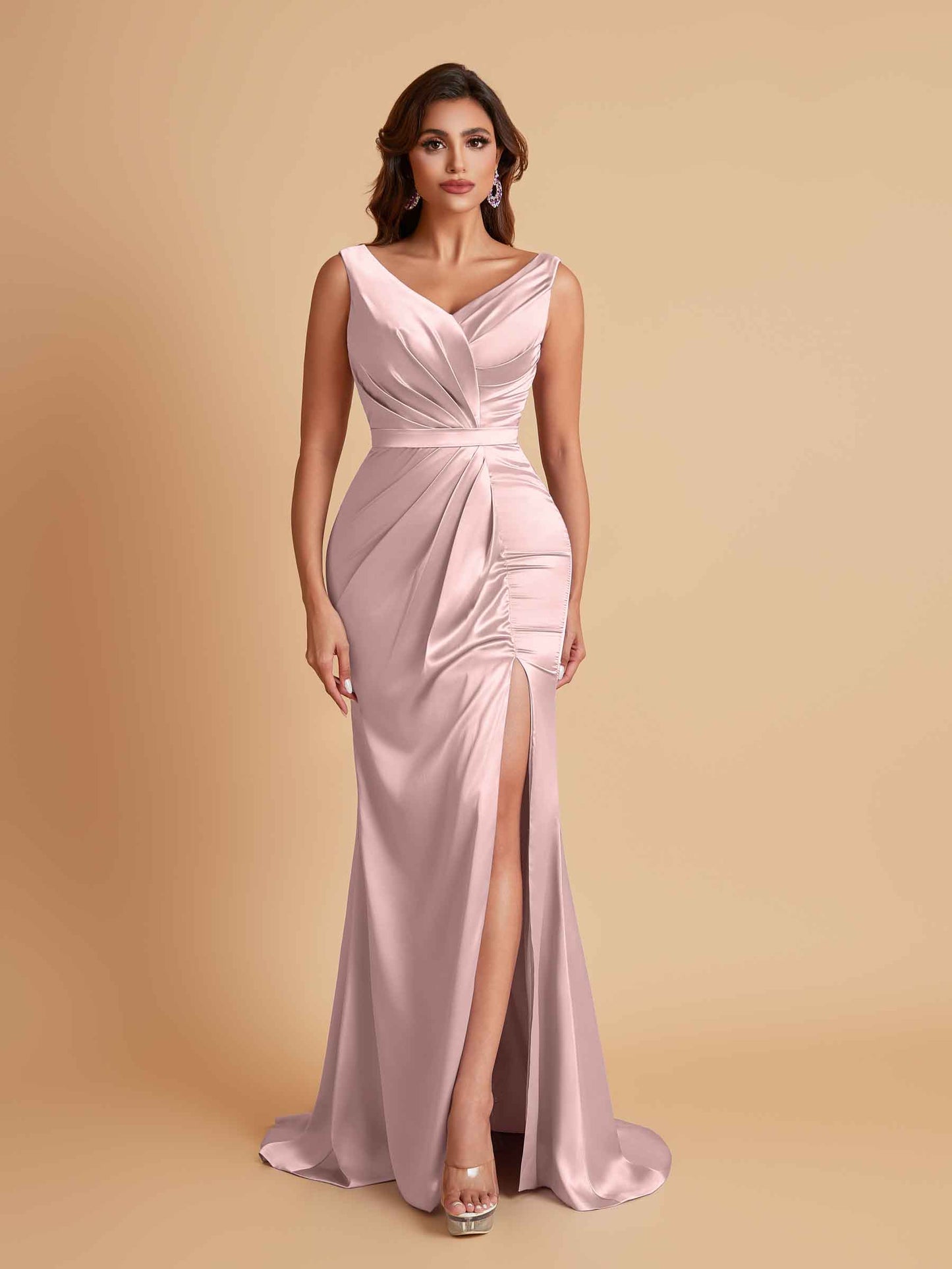 Elegant V Neck Soft Satin Side Slit Floor-Length Mermaid Bridesmaid Dresses