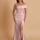 Elegant Soft Satin Mermaid Off Shoulder Asymmetrical Side Slit Floor-Length Bridesmaid Dresses