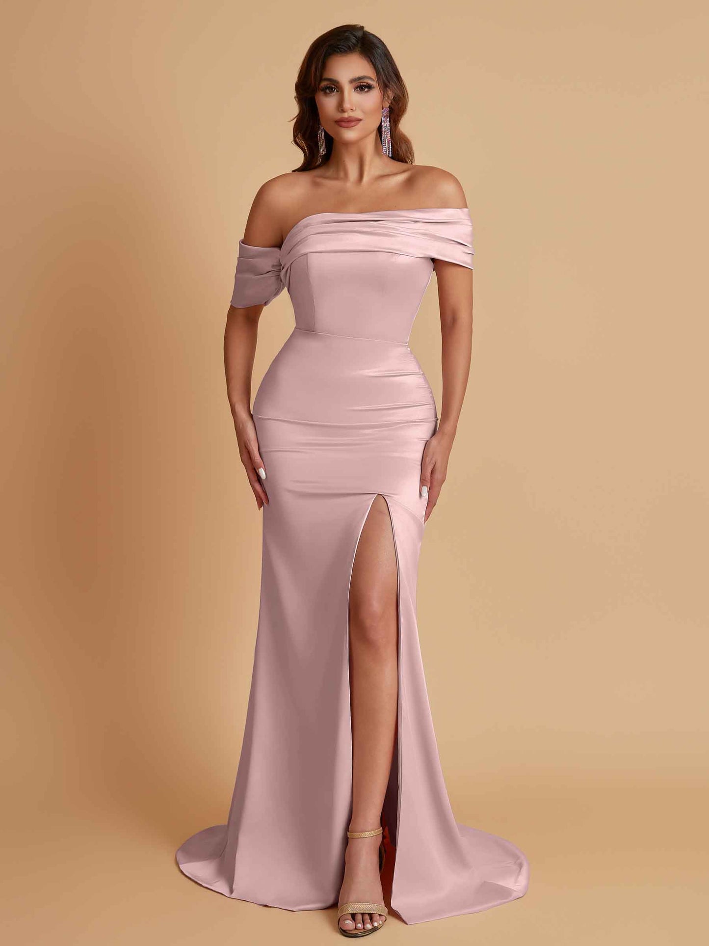 Elegant Soft Satin Mermaid Off Shoulder Asymmetrical Side Slit Floor-Length Bridesmaid Dresses
