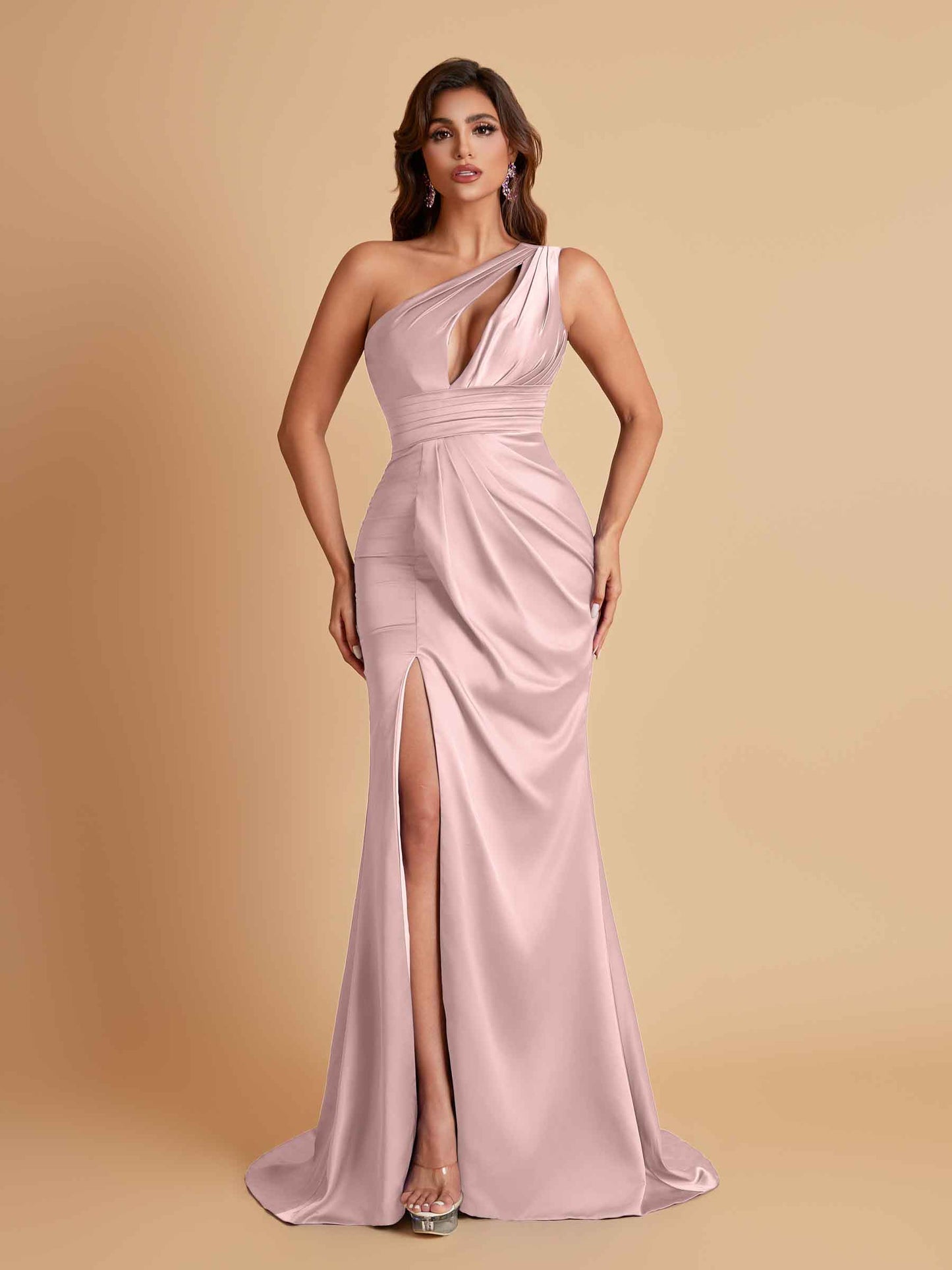 Sexy One Shoulder Soft Satin Side Slit Floor-Length Mermaid Bridesmaid Dresses
