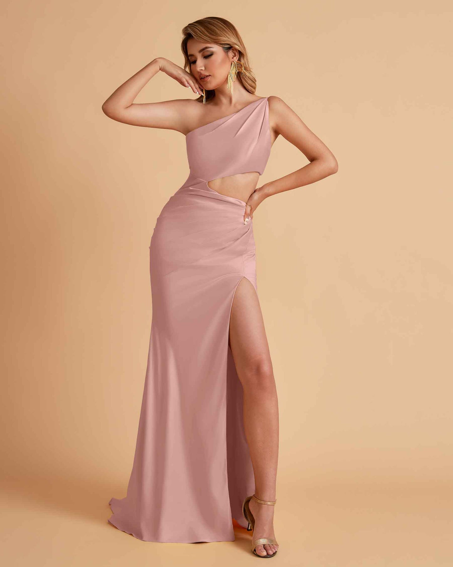 Sexy One-Shoulder Waist Cutout With High Split Floor-Length Bridesmaid Dresses