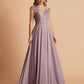 Chiffon Illusion Lace Top A-line Bridesmaid Dresses V-neck Floor Length Wedding Guest Dresses