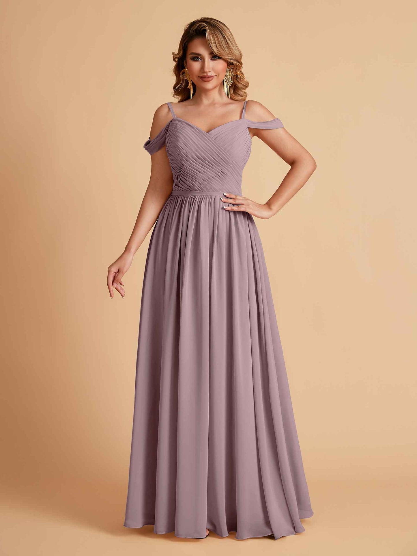 Elegant A-line Chiffon Off The Shoulder V-Neck Bridesmaid Dresses Online