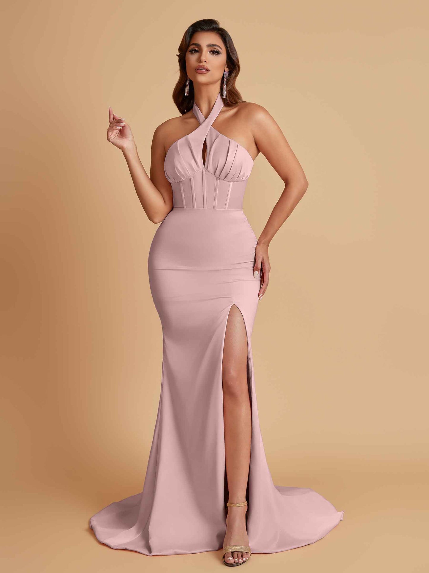 Elegant Soft Satin Mermaid Halter Side Slit Floor-Length Bridesmaid Dresses Online