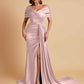 Elegant Soft Satin V-neck Off-the-Shoulder Side-Slit Mermaid Bridesmaid Dresses