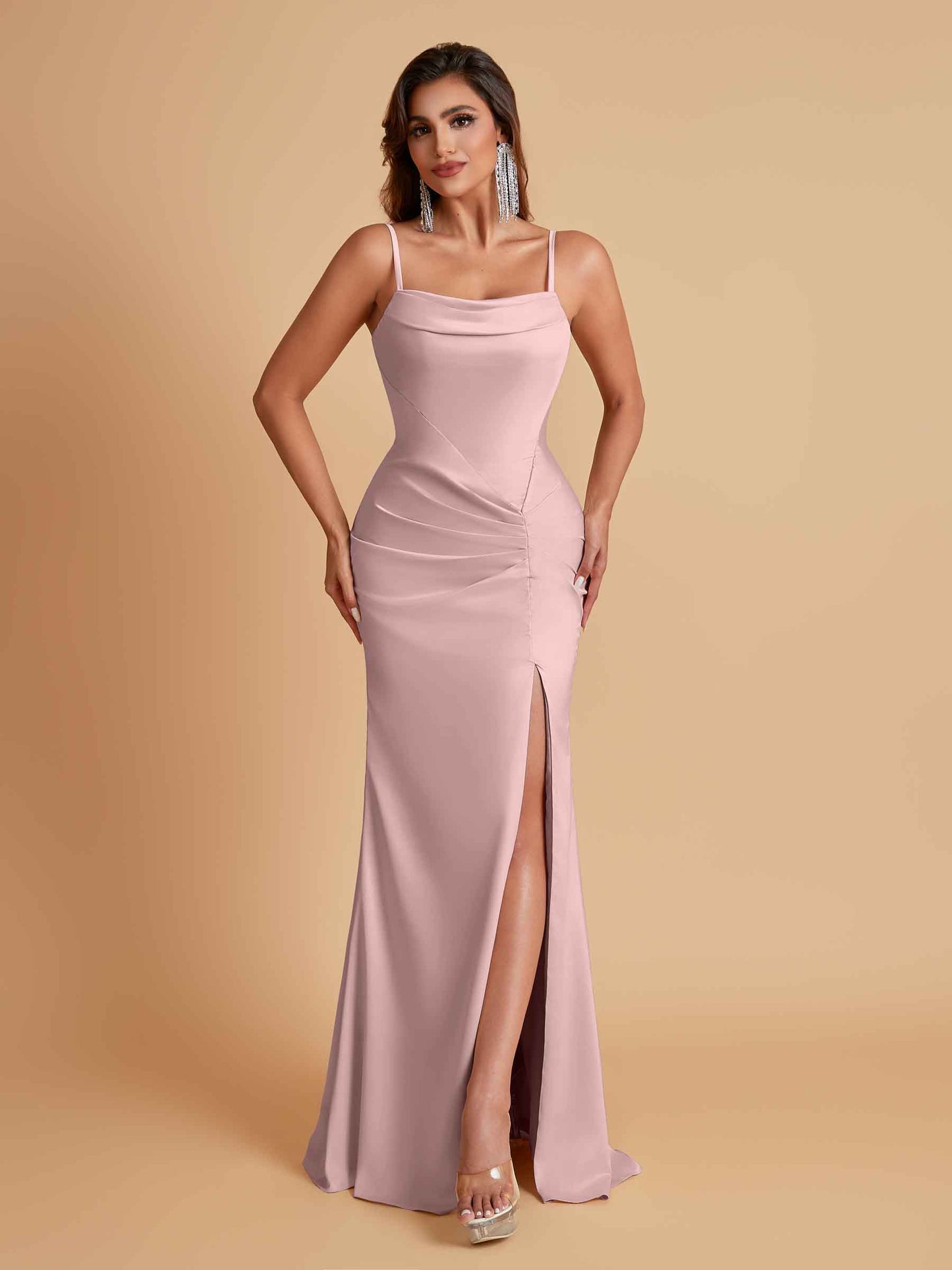 Gorgeous Spaghetti Straps Soft Satin Side Slit Floor-Length Mermaid Bridesmaid Dresses