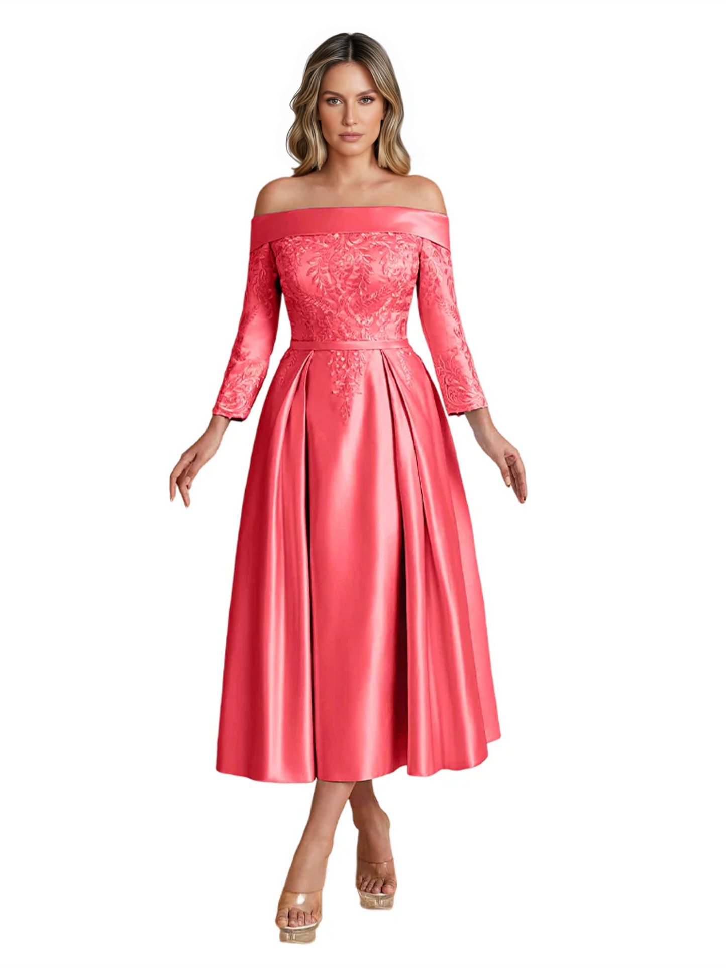Off Shoulder Mother of the Bride Dress Tea-Length Satin Gown with Lace Applique