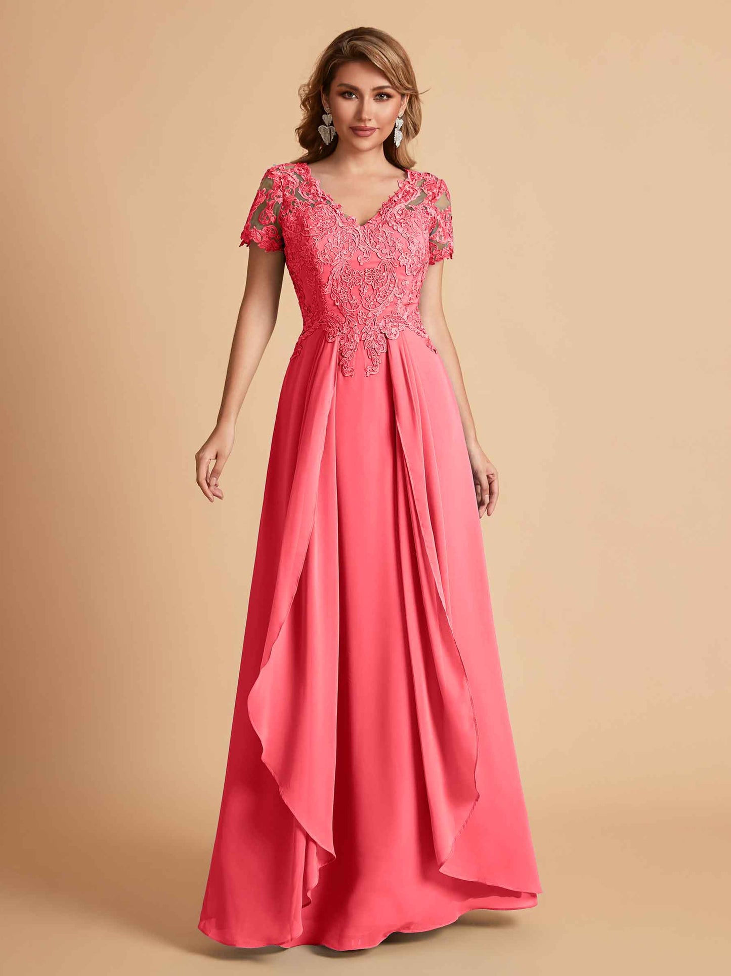 Elegant A-Line Chiffon Short Sleeves V-neck Mother of the Brides Dresses Lace Top MOB Dresses