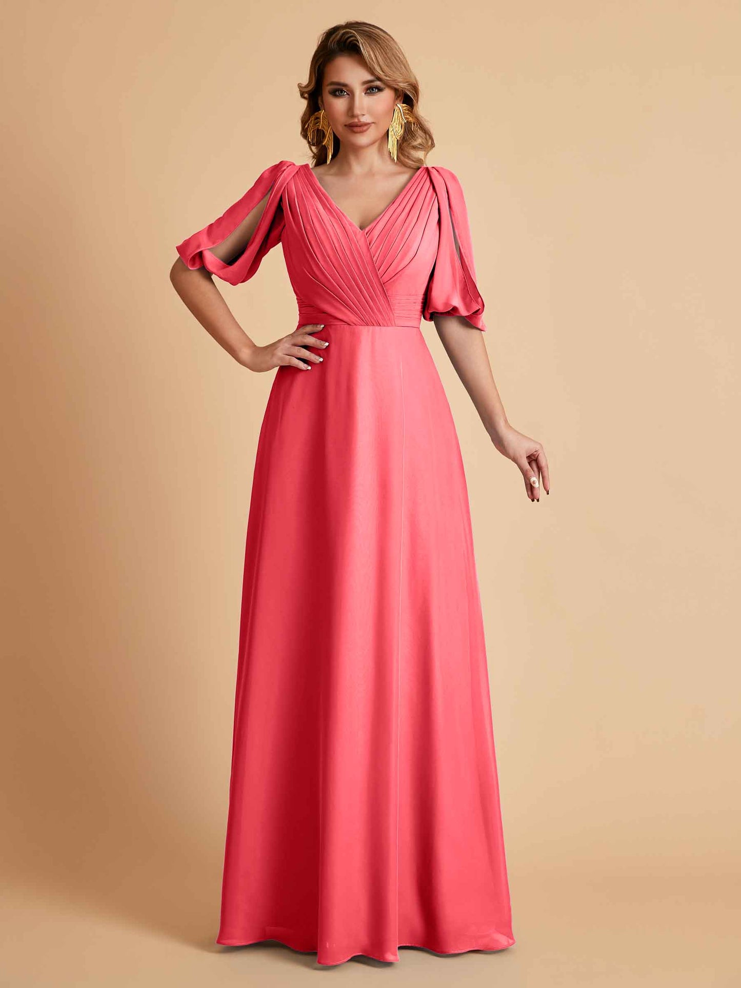 Elegant A-Line Chiffon Half Sleeves V-Neck Mother of the Brides Dresses Online