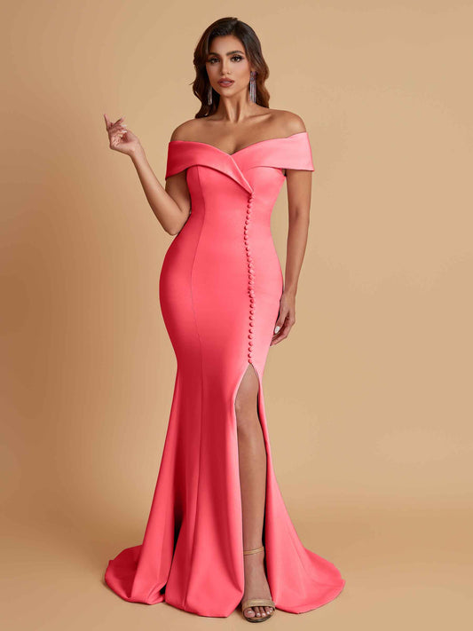 Elegant Soft Satin Mermaid Off Shoulder Side Slit Floor-Length Bridesmaid Dresses