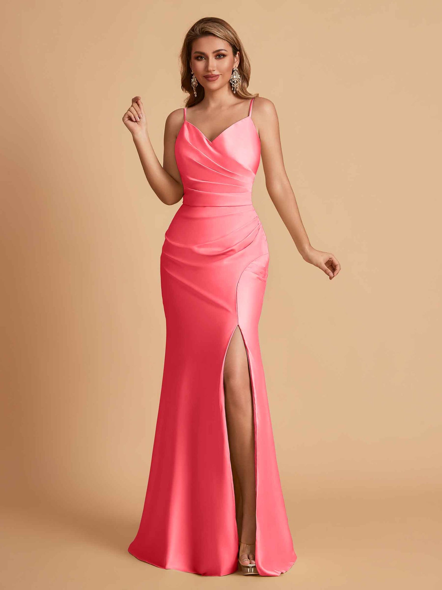 Elegant Satin Spaghetti Straps Mermaid Side Slit Floor Length Bridesmaid Dresses