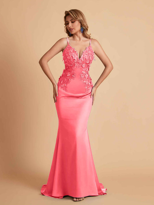 Sexy Satin Spaghetti Straps V-neck Mermaid Floor Length Applique Bridesmaid Dresses