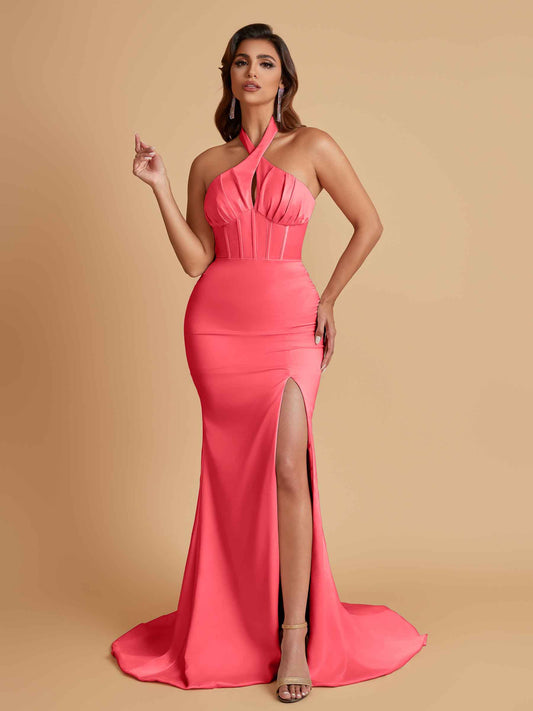 Elegant Soft Satin Mermaid Halter Side Slit Floor-Length Bridesmaid Dresses Online