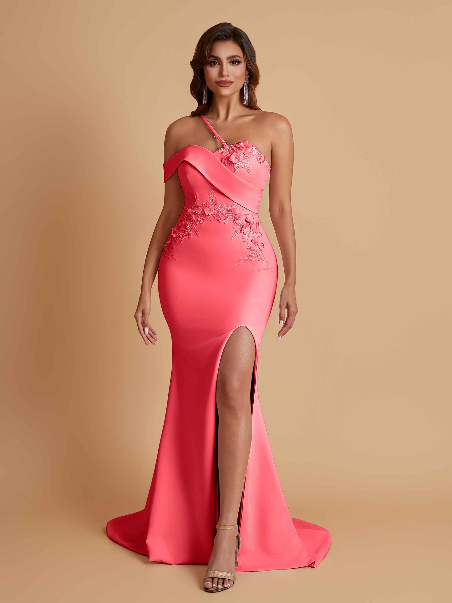 Sexy Soft Satin Mermaid One Shoulder Asymmetrical Side Slit Floor-Length Bridesmaid Dresses
