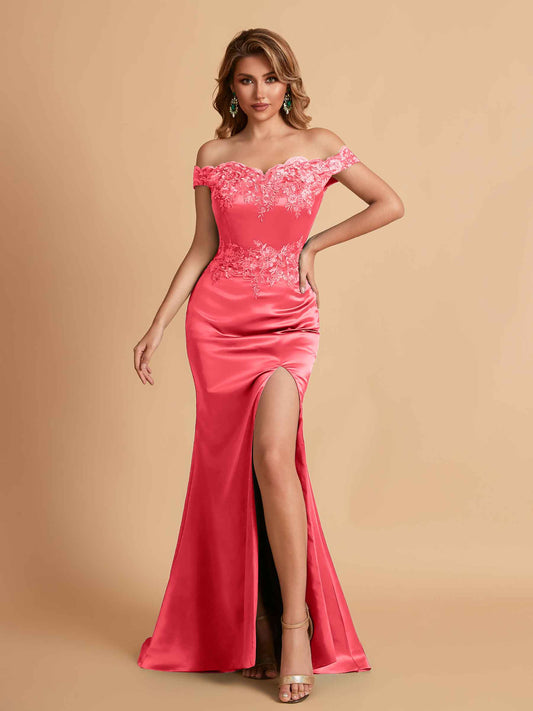 Elegant Satin Off Shoulder Mermaid Side Slit Floor Length Bridesmaid Dresses