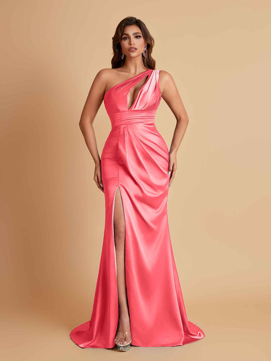 Sexy One Shoulder Soft Satin Side Slit Floor-Length Mermaid Bridesmaid Dresses