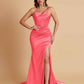 Sexy Spaghetti Straps V Neck Soft Satin Side Slit Floor-Length Mermaid Bridesmaid Dresses