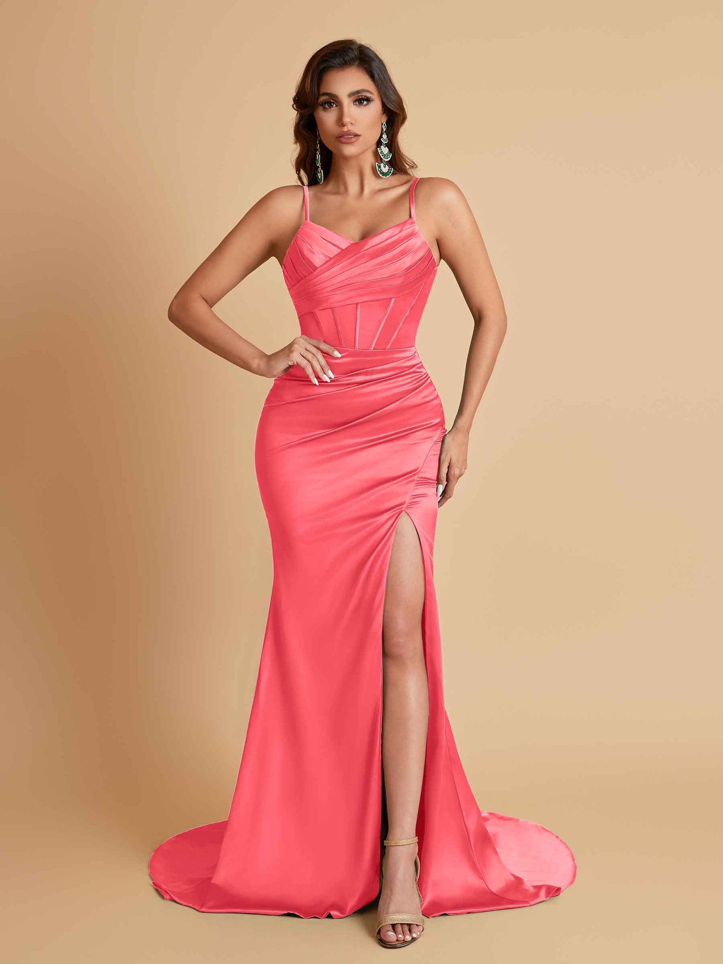 Sexy Spaghetti Straps V Neck Soft Satin Side Slit Floor-Length Mermaid Bridesmaid Dresses