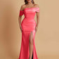 Elegant Soft Satin Mermaid Off Shoulder Asymmetrical Side Slit Floor-Length Bridesmaid Dresses