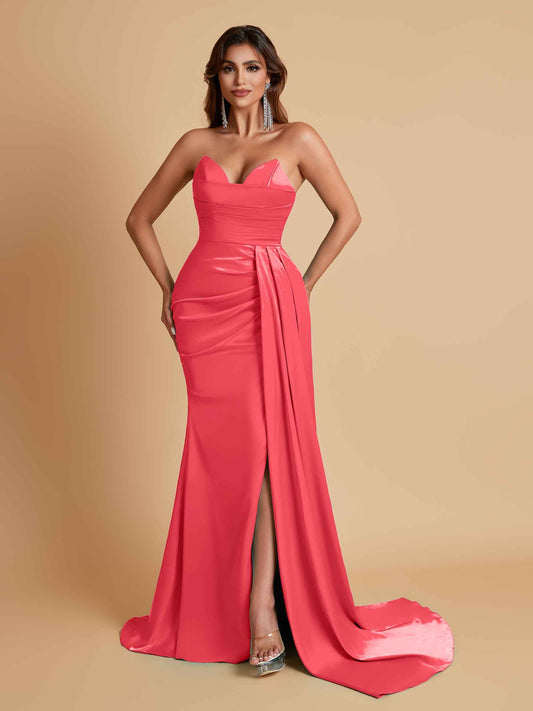 Gorgeous Strapless Soft Satin Side Slit Floor-Length Mermaid Bridesmaid Dresses