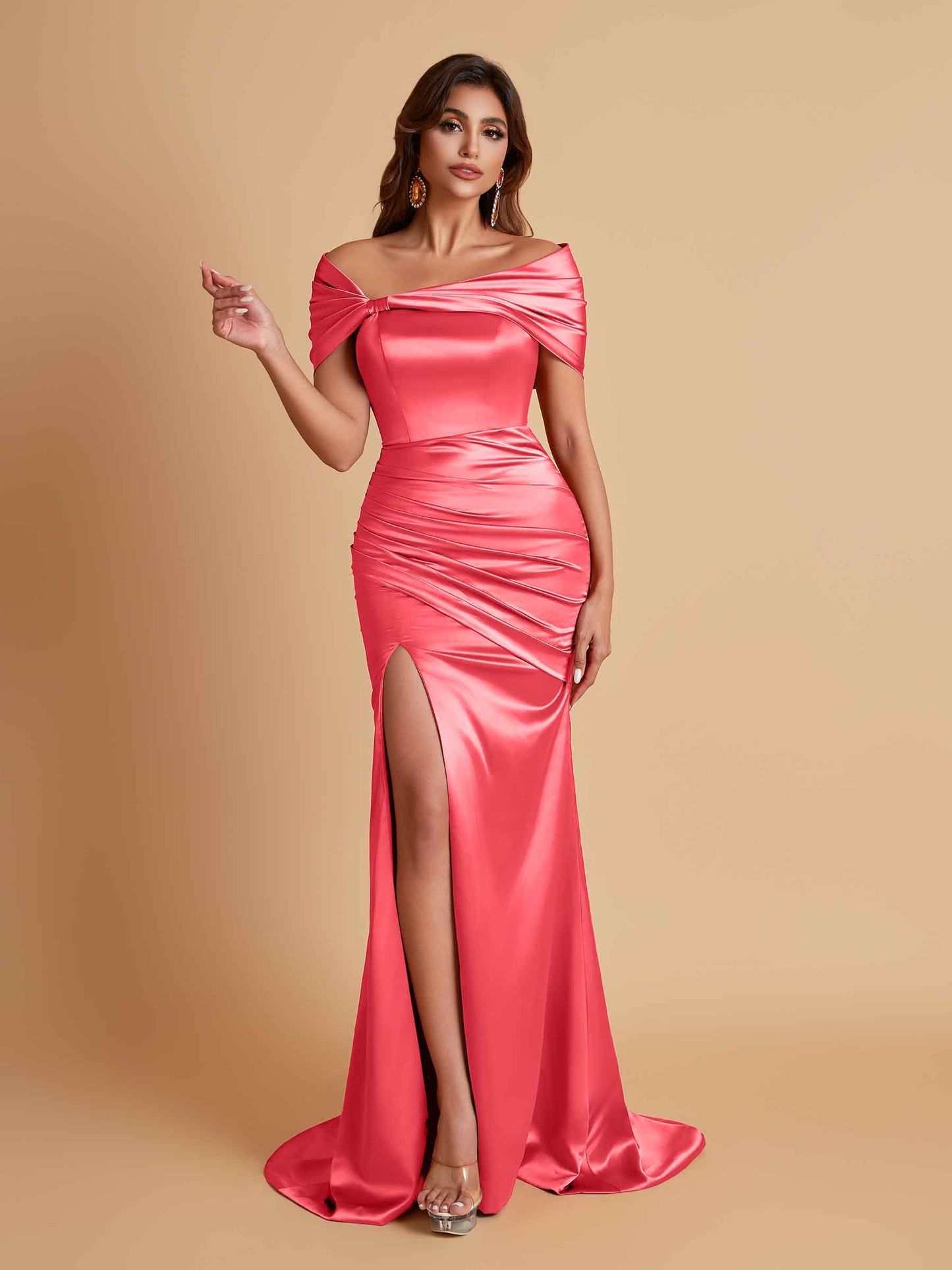 Elegant Soft Satin Off-the-shoulder Side-Slit Mermaid Bridesmaid Dresses