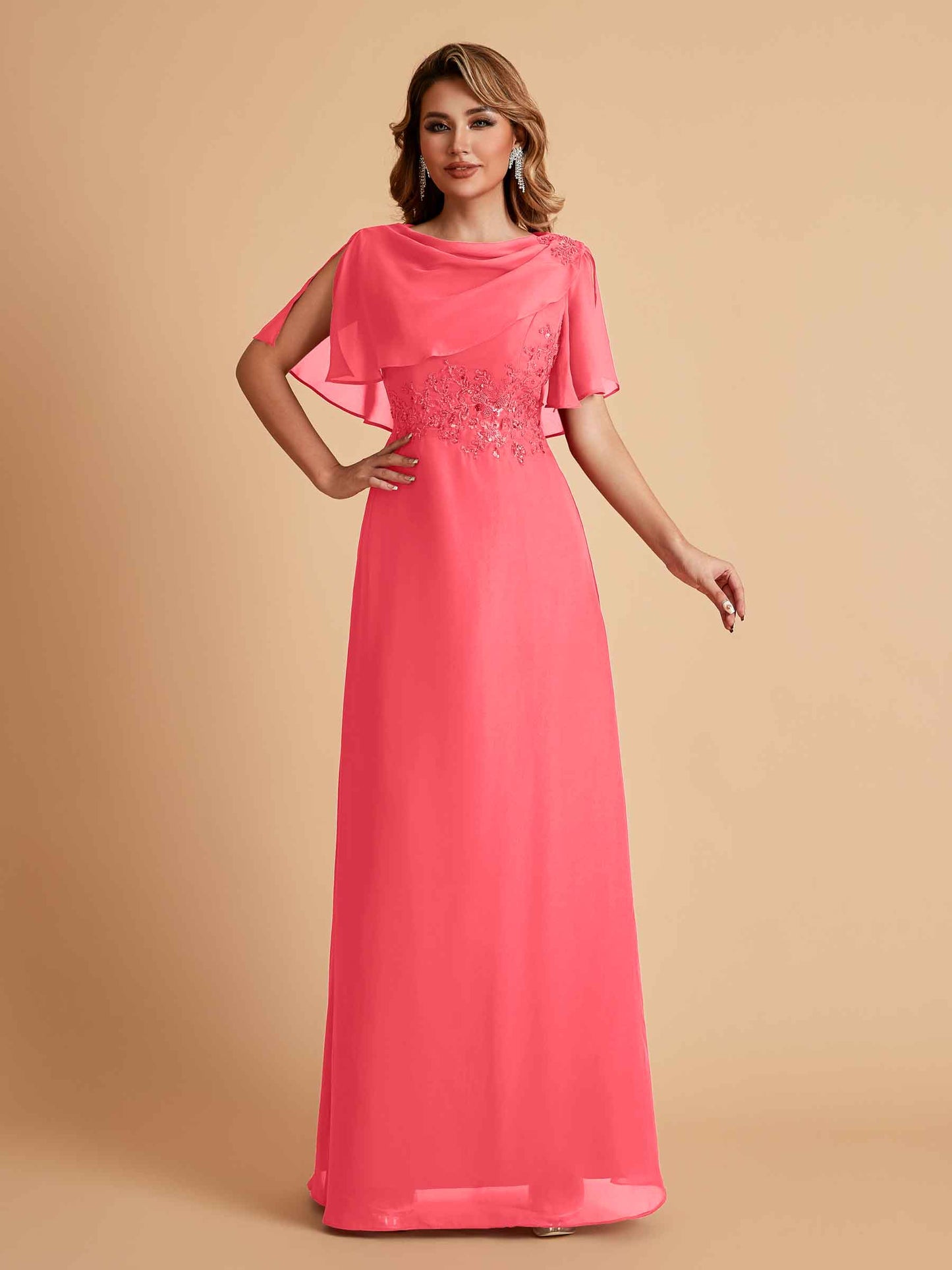 Elegant A-Line Chiffon Half Sleeves Jewel Mother of the Brides Dresses Online